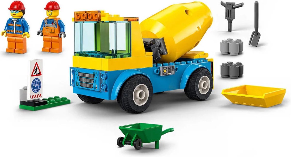 LEGO® City Cementwagen 60325 bouwset; met een ronddraaiende mengtrommel, plus een bord voor wegwerkzaamheden, drilboor, kruiwagen en minifiguren van wegwerkers; bouwvoertuig voor kinderen vanaf 4 jaar (85 onderdelen) — afbeelding 8