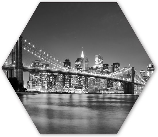 Hexagon wanddecoratie - Kunststof Wanddecoratie - Hexagon Schilderij - New York - Brug - Brooklyn - Zwart wit - Architectuur - 120x103 cm