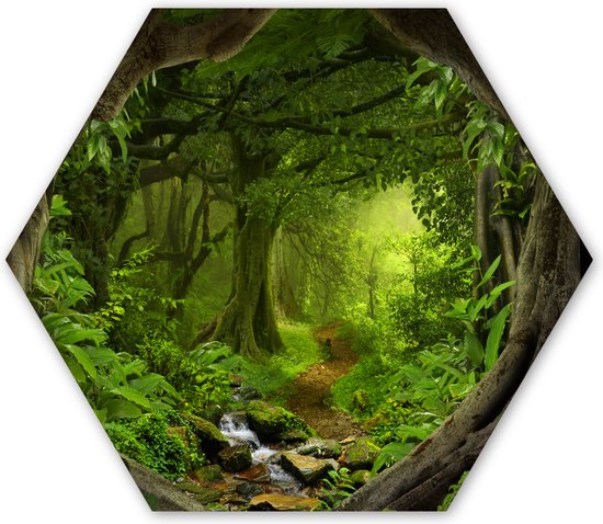 Hexagon wanddecoratie - Kunststof Wanddecoratie - Hexagon Schilderij - Jungle - Groen - Natuur - Tropisch - Planten - 75x65 cm
