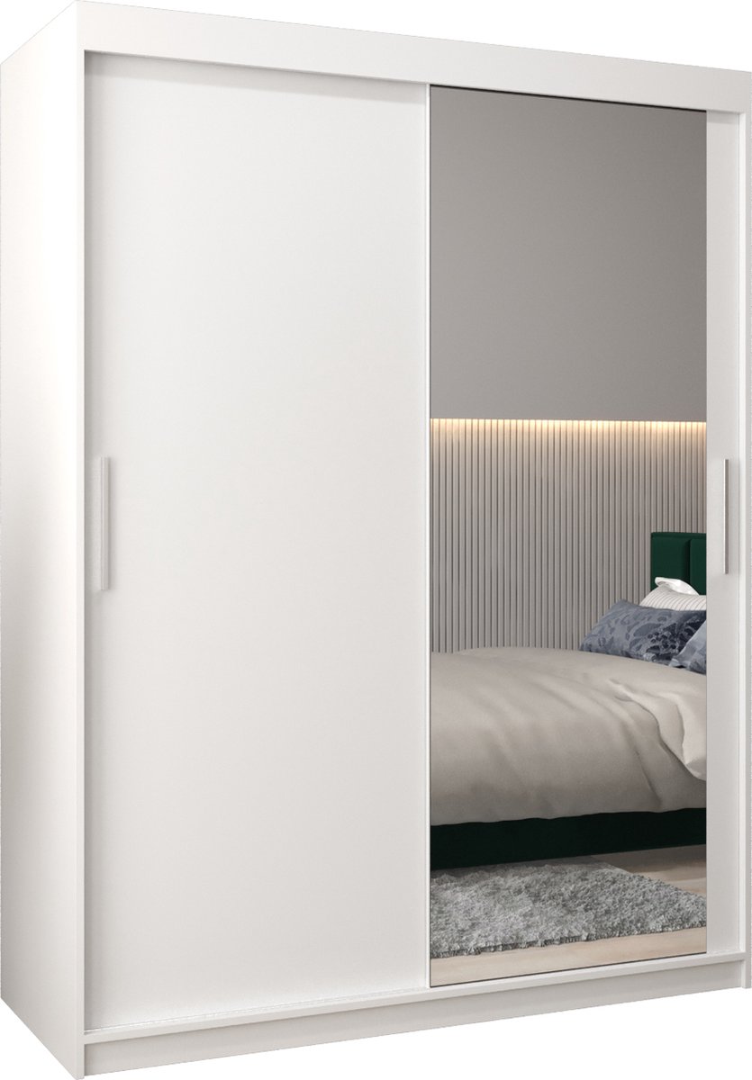 InspireME Kledingkast met 2 schuifdeuren, Modern-stijl, Kledingkast met planken (BxHxD): 150x200x62 - TORM II 150 Wit Mat
