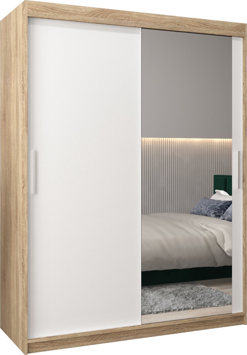 InspireME Kledingkast met 2 schuifdeuren, Modern-stijl, Kledingkast met planken (BxHxD): 150x200x62 - TORM II 150 Sonoma Eik + Wit Mat met 2 lades