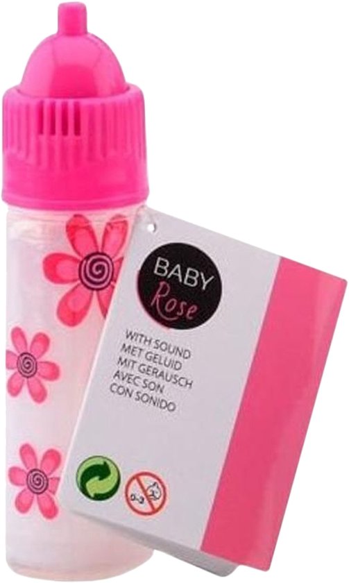 Baby Rose zuigfles met roze bloemen en roze dop, met kaartje met tekst 'BABY Rose'.