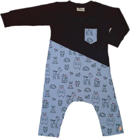 Onesie zwart met diertjes blauw