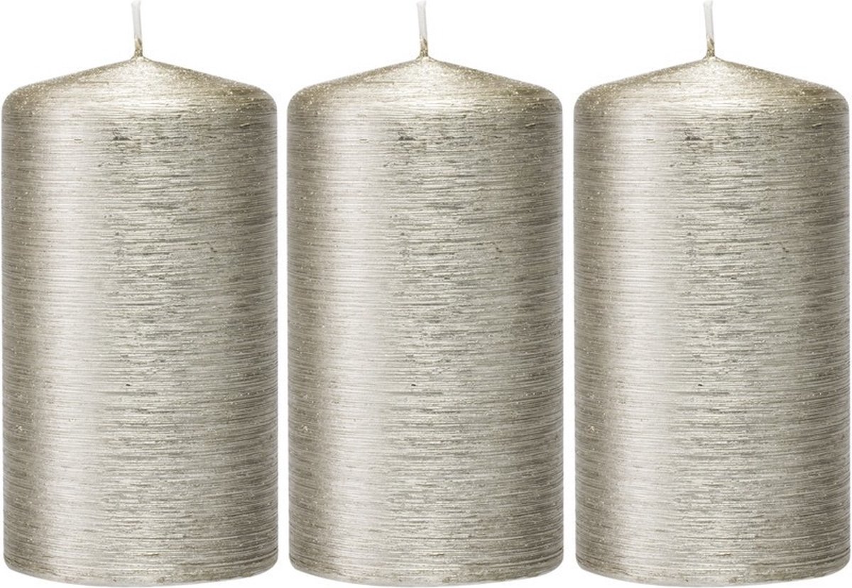 Trend Candles 3x Zilveren cilinderkaarsen/stompkaarsen 7 x 13 cm 25 branduren - Geurloze zilverkleurige kaarsen - Woondecoraties