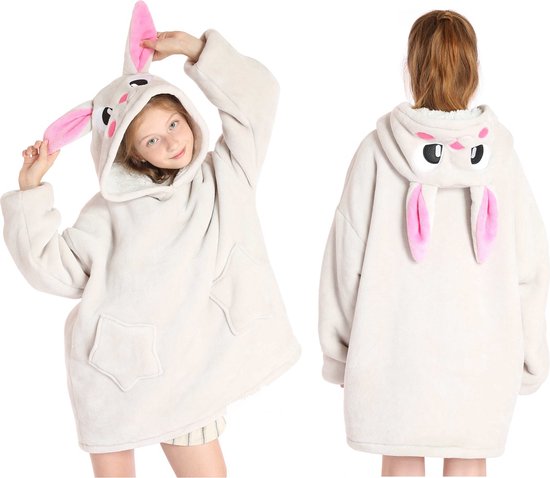Deken hoodie kids konijn - deken met mouwen – blanket hoodie – deken trui – hoodie deken kinderen – deken met mouwen voor kinderen - hoodie deken - Oversized deken hoodie meisjes en jongens - oversized hoodie met print voor kind