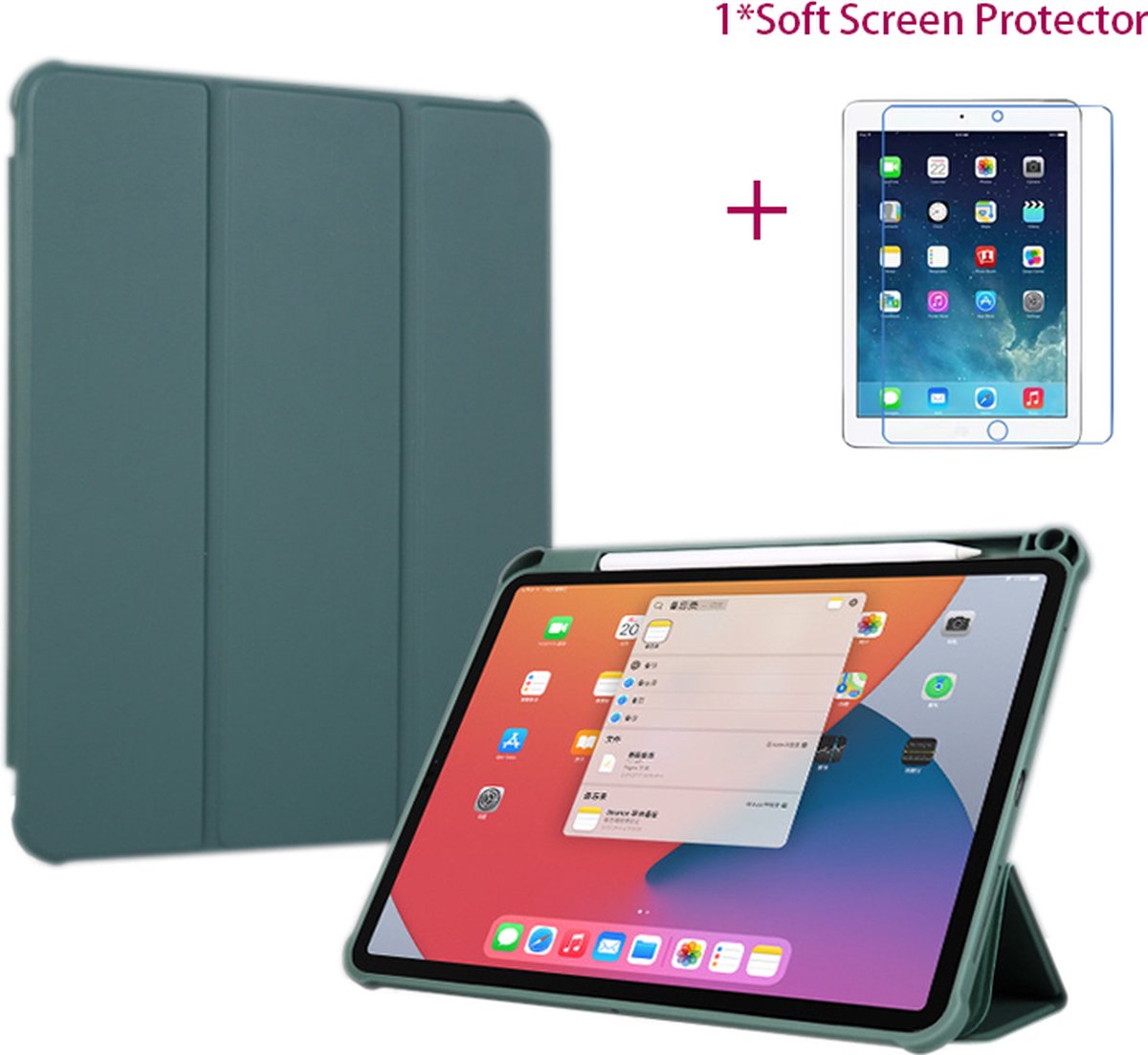 Somstyle Hoes Geschikt Voor iPad Air 5 2022 - Auto Sleep/Wake Tablet Case - Met Screen protector - Donkergroen