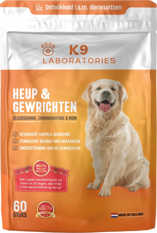 K9 Laboratories - gewricht supplement - voor honden - met gewrichtsklachten - glucosamine - MSM - Chondorïtine - 60 stuks - bouwt kraakbeen op - artrose - stijve gewrichten - ouderdom - heupdysplasie - versleten gewrichten
