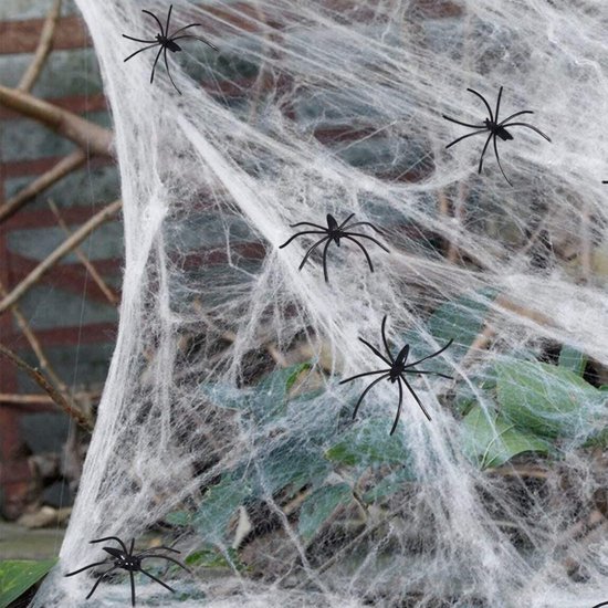 HMMJ Halloween enge decoraties buiten, 200spinnenweb, 59 gigantische spin, met extra rekbare spinnenwebben en 10 kleine plastic spinnen, voor in de tuin Thuis buitenfeesten Huisdecoratie