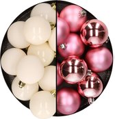 Kunststof kerstballen 6 cm - 24x stuks - wol wit en roze