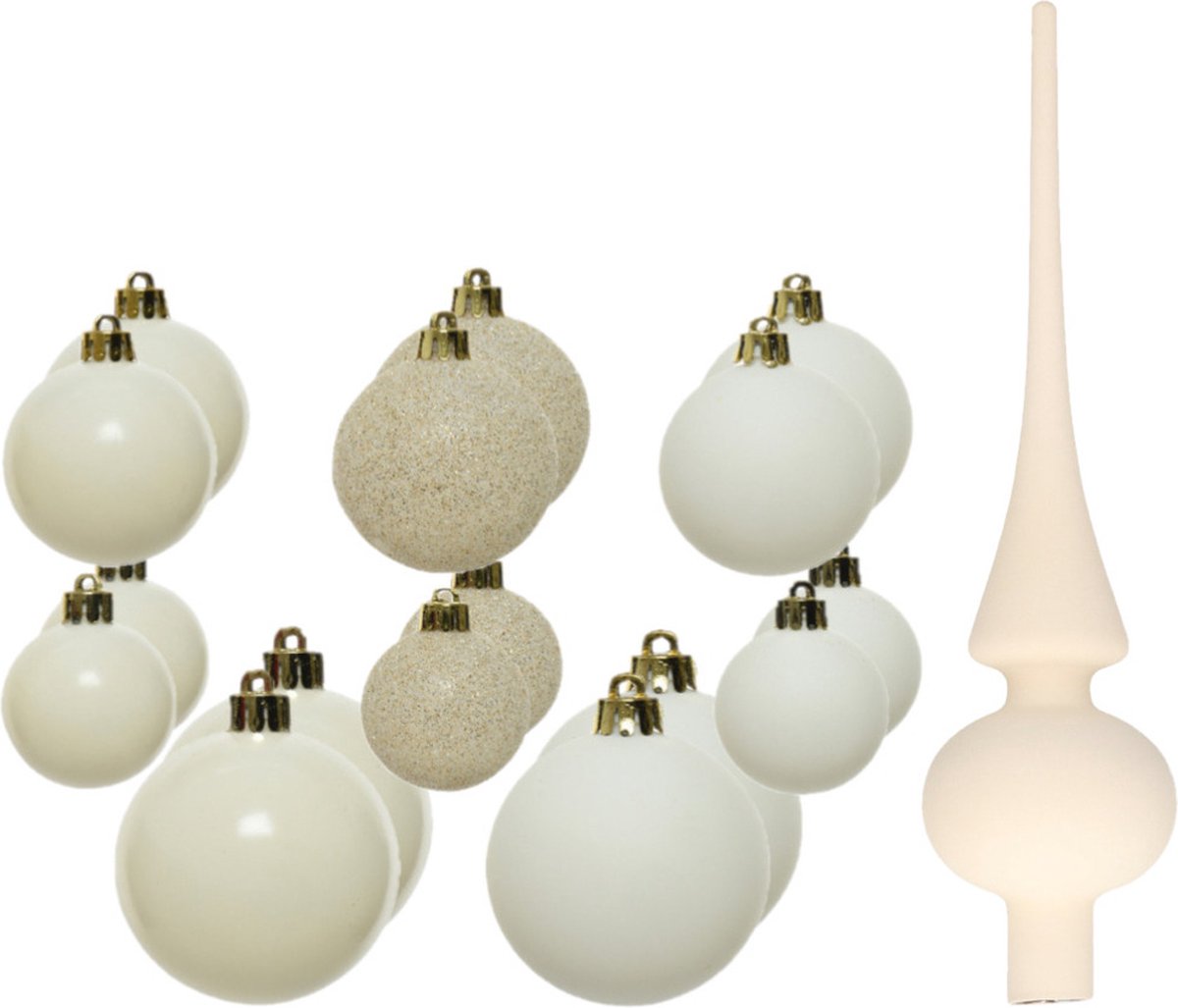 Kunststof kerstballen - 26x stuks - met glazen piek - wol wit
