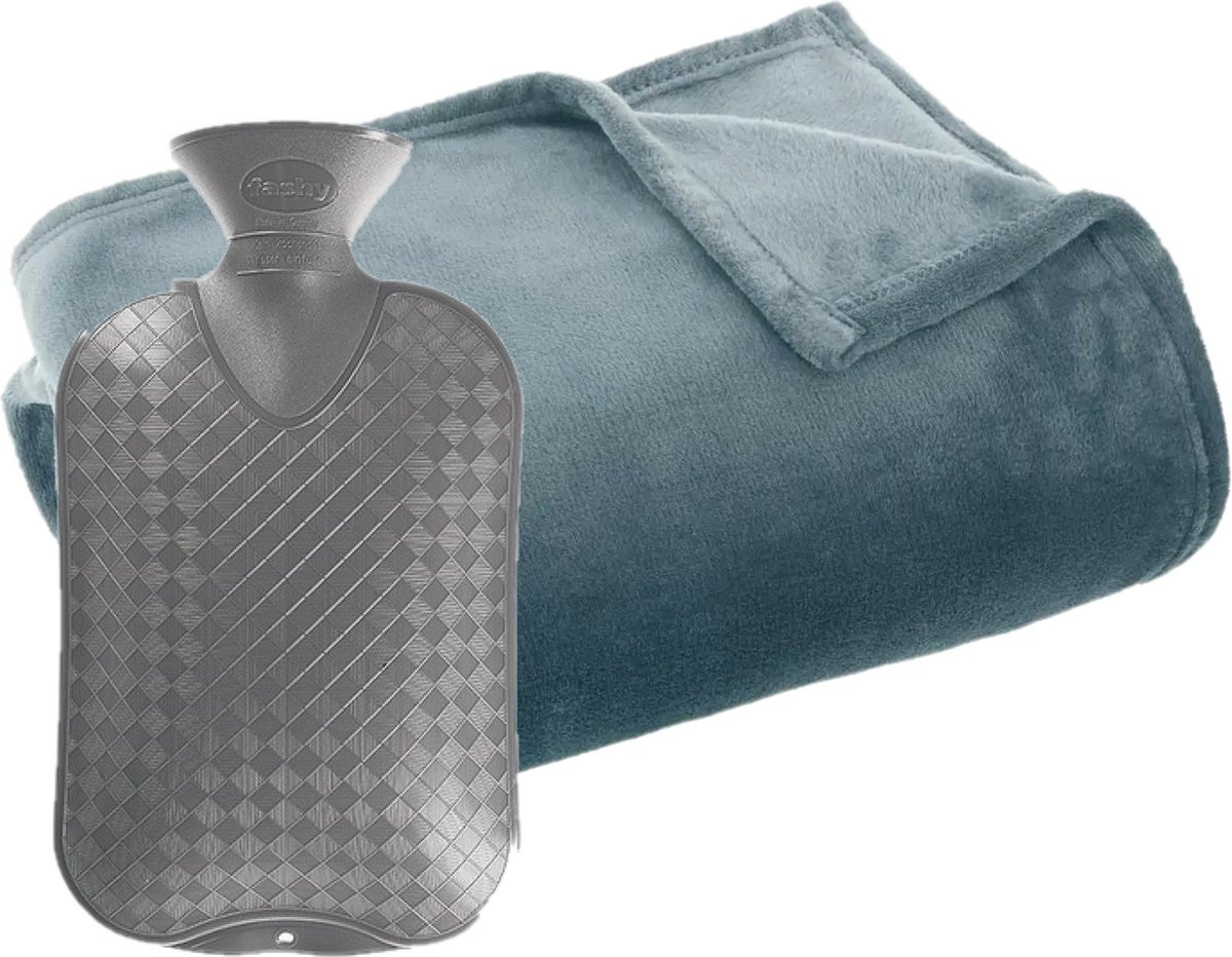Fleece deken/plaid Grijsblauw 130 x 180 cm en een warmwater kruik 2 liter