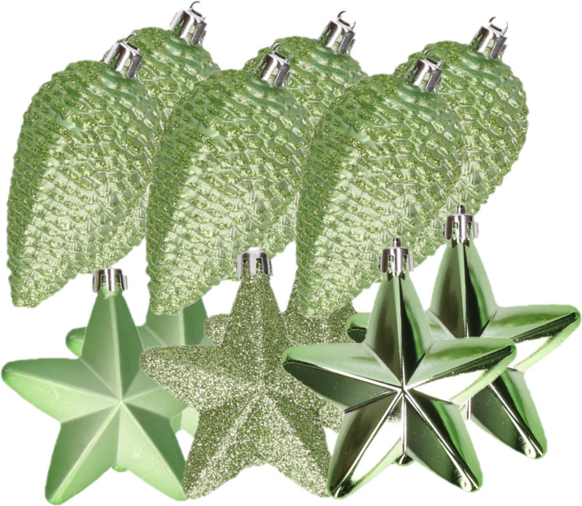 Decoris kerstornamenten kunststof - sterren en dennenappels - 12x stuks - groen