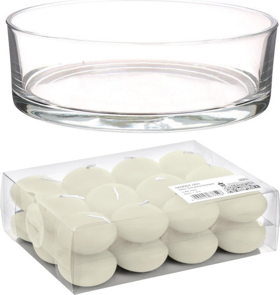 Trend Candles Cadeau set/Sfeer set van een lage luxe transparante vaas 8 x 25 cm met 24x ivoorwitte drijfkaarsen 4.5 cm