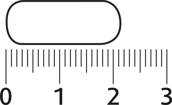 Een blanco capsule op een liniaal, gemarkeerd met 0, 1, 2, 3 cm.