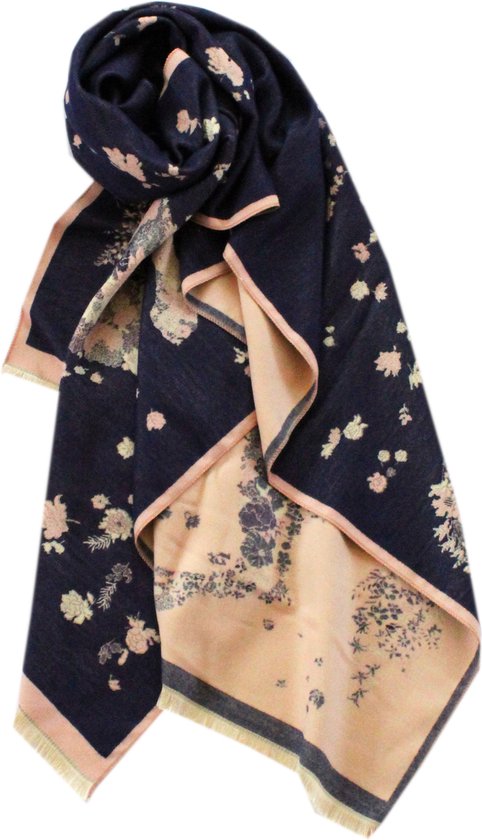 Sjaal Dames - Bloemen - Paarden - Blauw/Peach