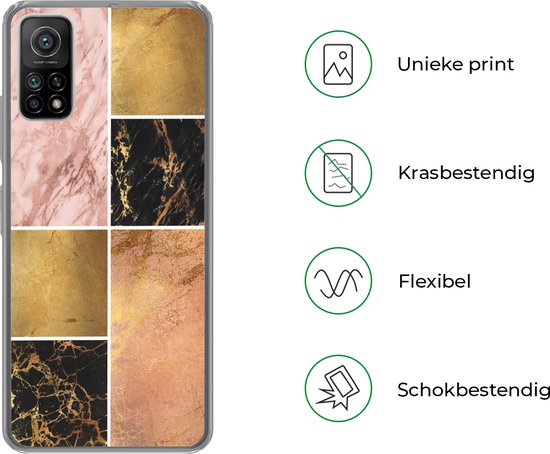Telefoonhoesje Geschikt voor Xiaomi Mi 10T 5G hoesje - Marmer print - Rosé - Goud - Siliconen Telefoonhoesje Telefoonhoesje