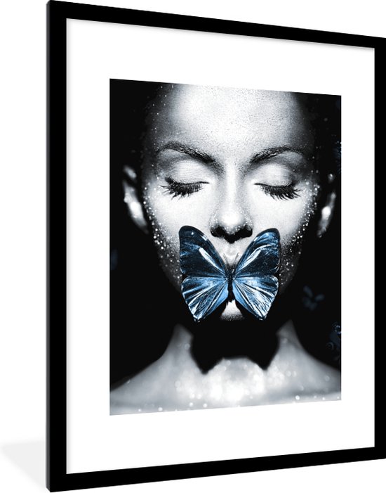 Cadre photo avec affiche - Femme - Papillon - Blauw - 60x80 cm - Cadre pour affiche