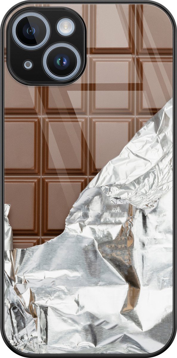 iPhone 14 hoesje glas - Chocoladereep - Hard Case - Zwart - Backcover - Print / Illustratie - Bruin