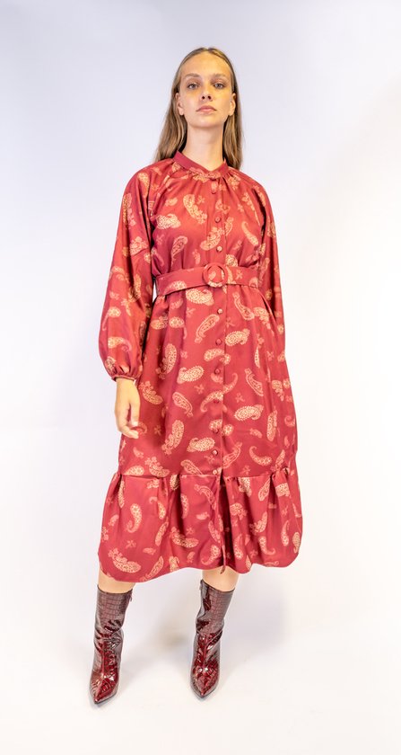 Shoppen Voor Iedereen Jurk met riem -Bordeaux rood- Winter jurk - warme jurk met riem - Lange jurk -modest - one size