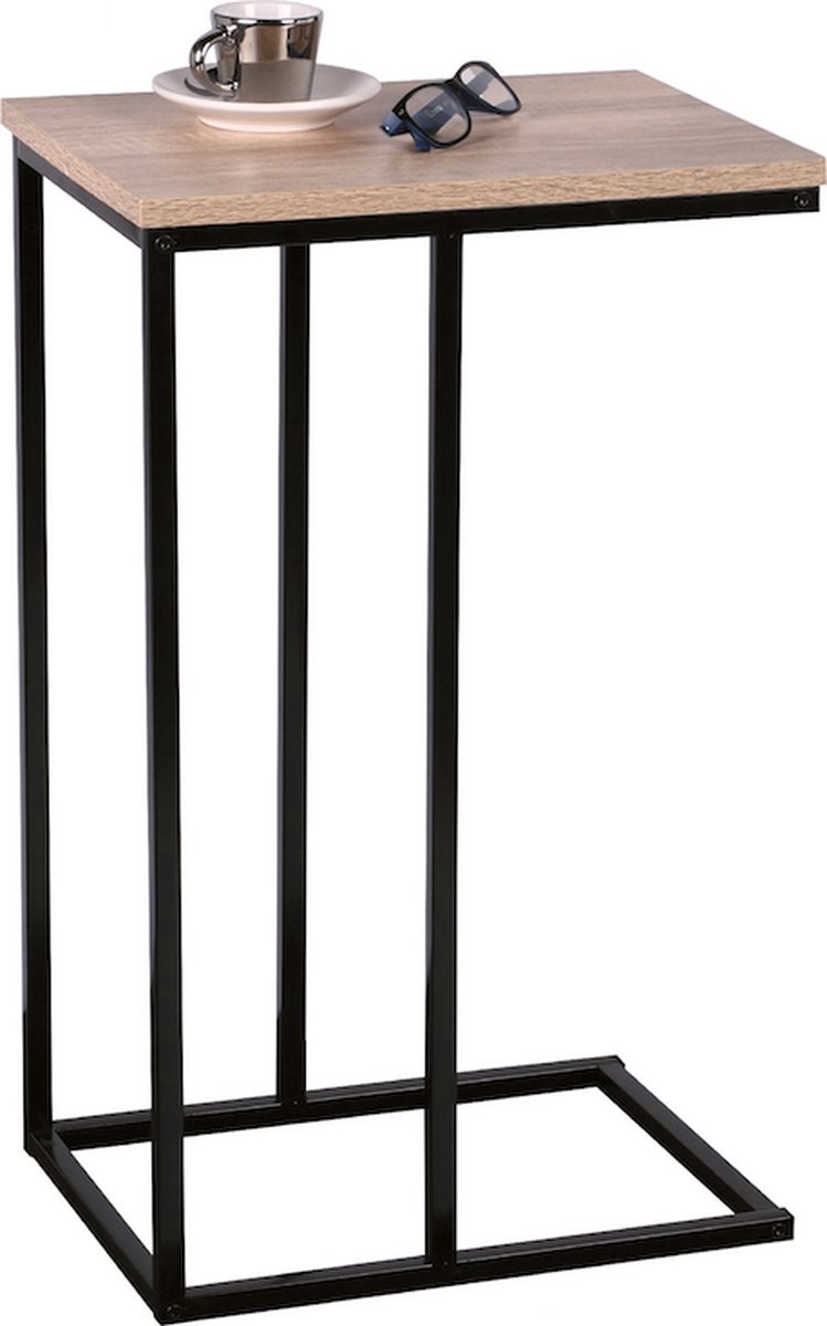 WDMT™ Metalen bijzettafel | 54 x 40 x 28 cm | Multifunctionele bijzettafel | Metalen onderstel en houten blad | Industrieel | Inclusief dienblad