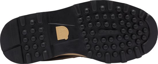 Onderkant van een bruine Sorel snowboot met zwarte rubberen zool.
