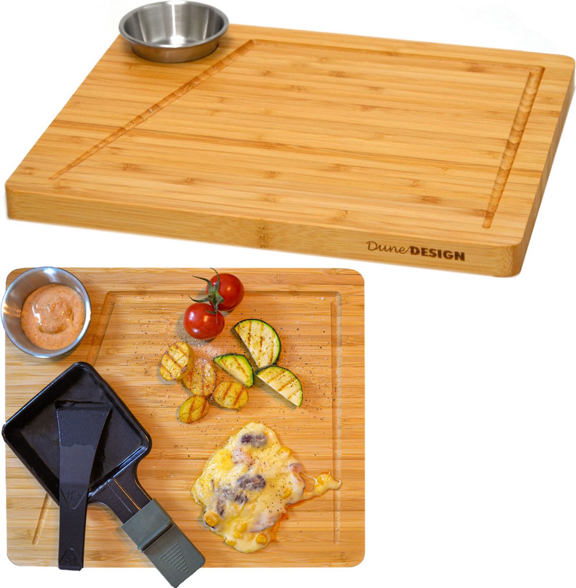 Raclette Bordenset voor 2 Personen - 30 x 25 cm Racletteplankjes van Hout met Dipschaal - Bamboe