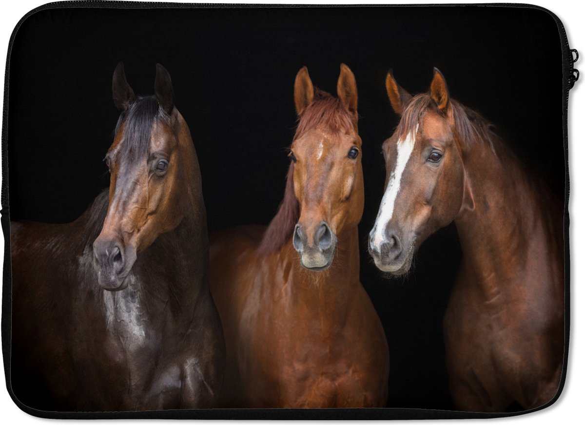Laptophoes 14 inch - Paarden - Dieren - Zwart - Portret - Laptop sleeve - Binnenmaat 33x23 cm - Zwarte achterkant