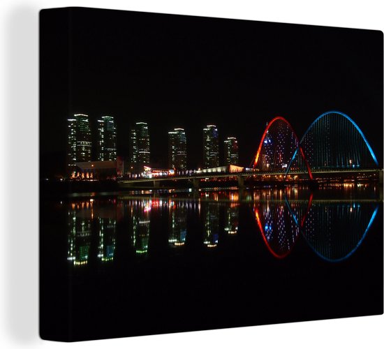 Nachtelijke skyline van Expo bruggen in Daejeon Zuid-Korea Canvas 40x30 cm - Foto print op Canvas schilderij (Wanddecoratie woonkamer / slaapkamer) / Aziatische steden Canvas Schilderijen