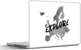 Laptop sticker - 12.3 inch - Europakaart in grijze waterverf met de tekst Explore over de landen - zwart wit - 30x22cm - Laptopstickers - Laptop skin - Cover