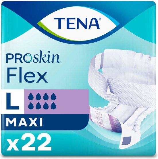 Verpakking TENA Proskin Flex Maxi, maat L, met 22 stuks. Een incontinentieverband is zichtbaar.