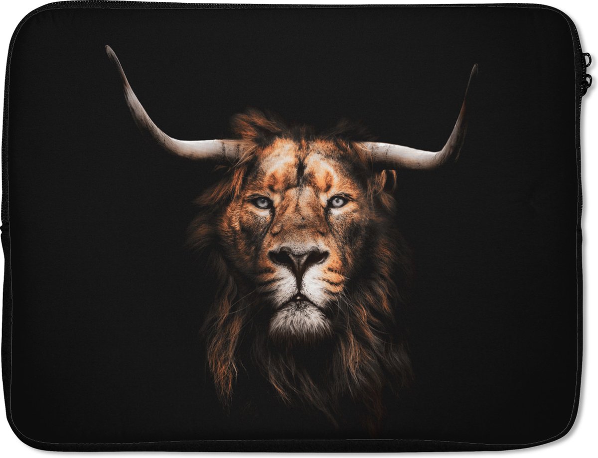 Laptophoes 17 inch - Leeuw - Schotse hooglander - Zwart - Laptop sleeve - Binnenmaat 41x28 cm - Zwarte achterkant