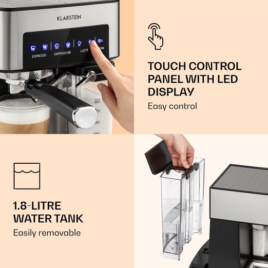 Klarstein Koffiemachine Espresso Pistonmachine met Melkopschuimer, 1,8 L Mini Espressomachine met Piston, 20 Bar RVS Compact, Melkreservoir, 1350 W Koffiemachine voor Gemalen Koffie - Stoompijpje Touch LED - Coffee Machine