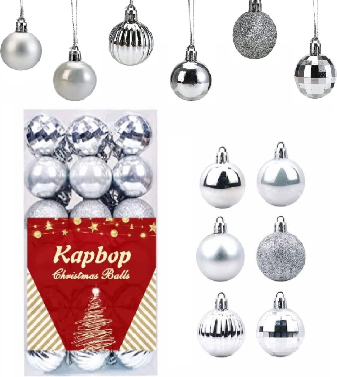 KAPBOP Kerstballen, 36 stuks, kunststof, decoratie voor Kerstmis, kerstboom, met afneembare ophanging