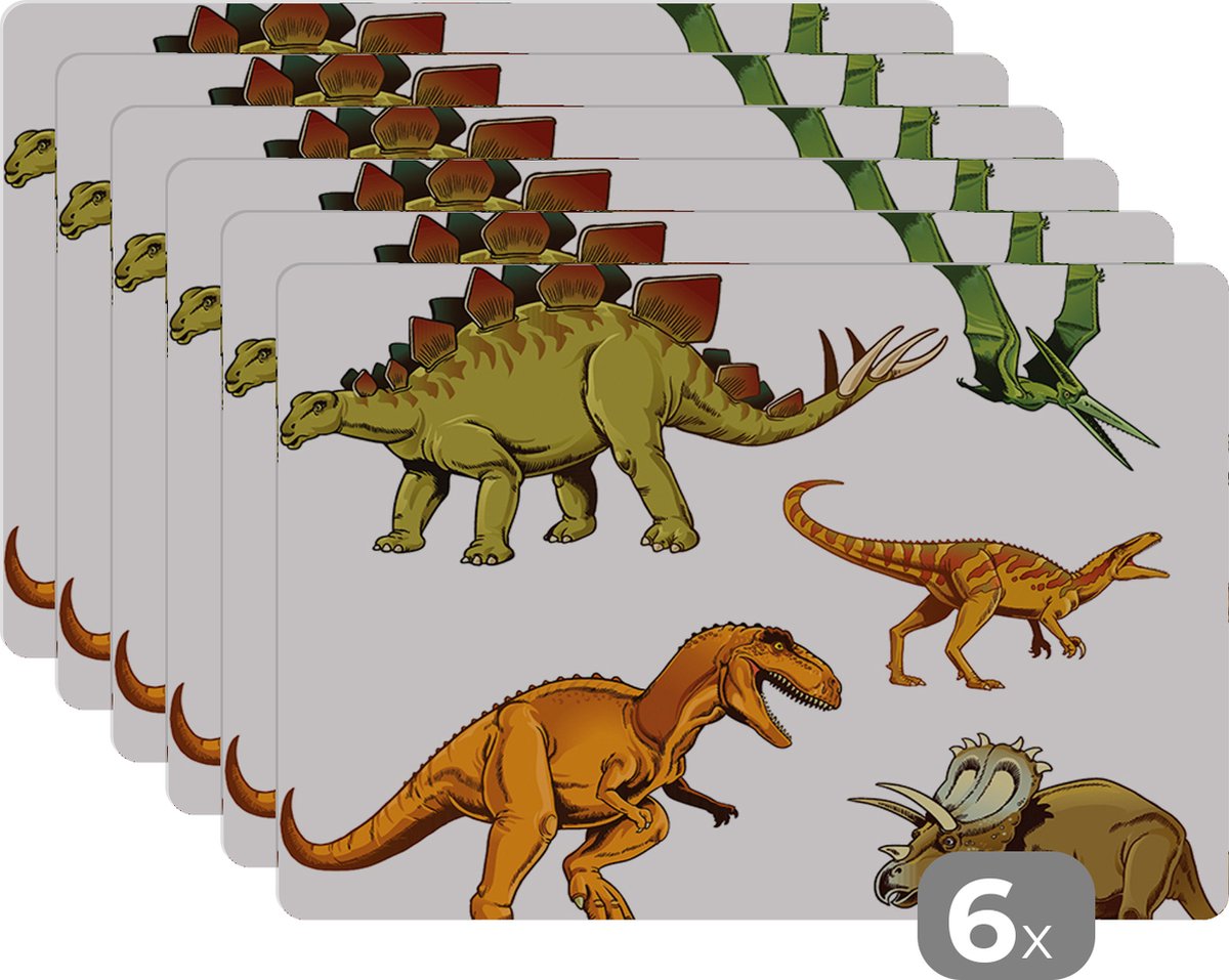 Placemat kinderen - Placemat - Placemats kunststof - Dinosaurus - Tekening - Kinderen - Jongens - Kinderen - 45x30 cm - 6 stuks - Hittebestendig - Anti-Slip - Onderlegger - Afneembaar