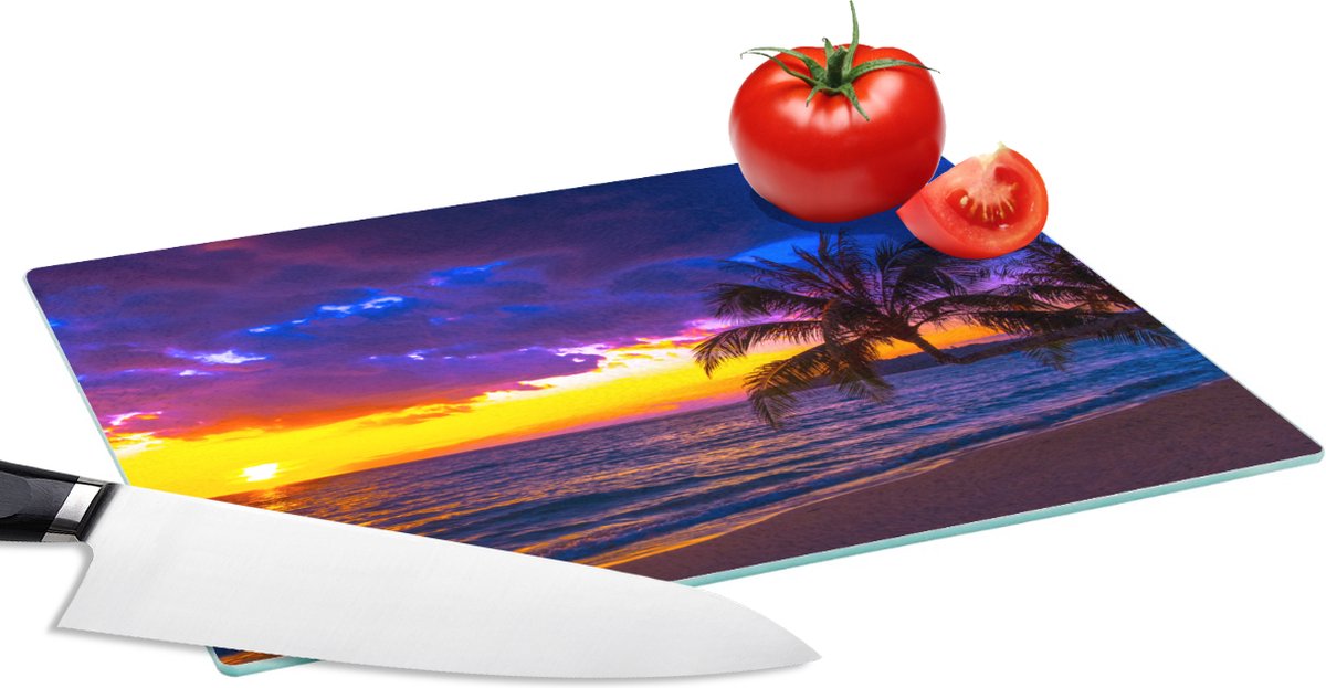 Glazen Snijplank - 28x20 - Palmboom - Paars - Zonsondergang - Strand - Zee - Snijplanken Glas