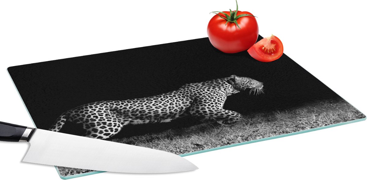Glazen Snijplank - 39x28 - Wilde dieren - Luipaard - Gras - Zwart - Wit - Snijplanken Glas
