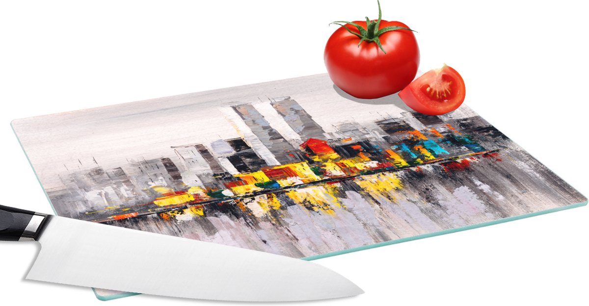 Glazen Snijplank - 28x20 - Schilderij - Skyline - Kleuren - Olieverf - Snijplanken Glas