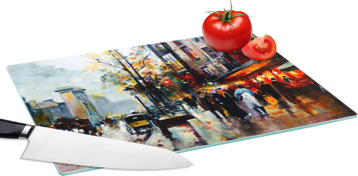 Glazen Snijplank - 39x28 - Schilderij - Stad - Olieverf - Snijplanken Glas