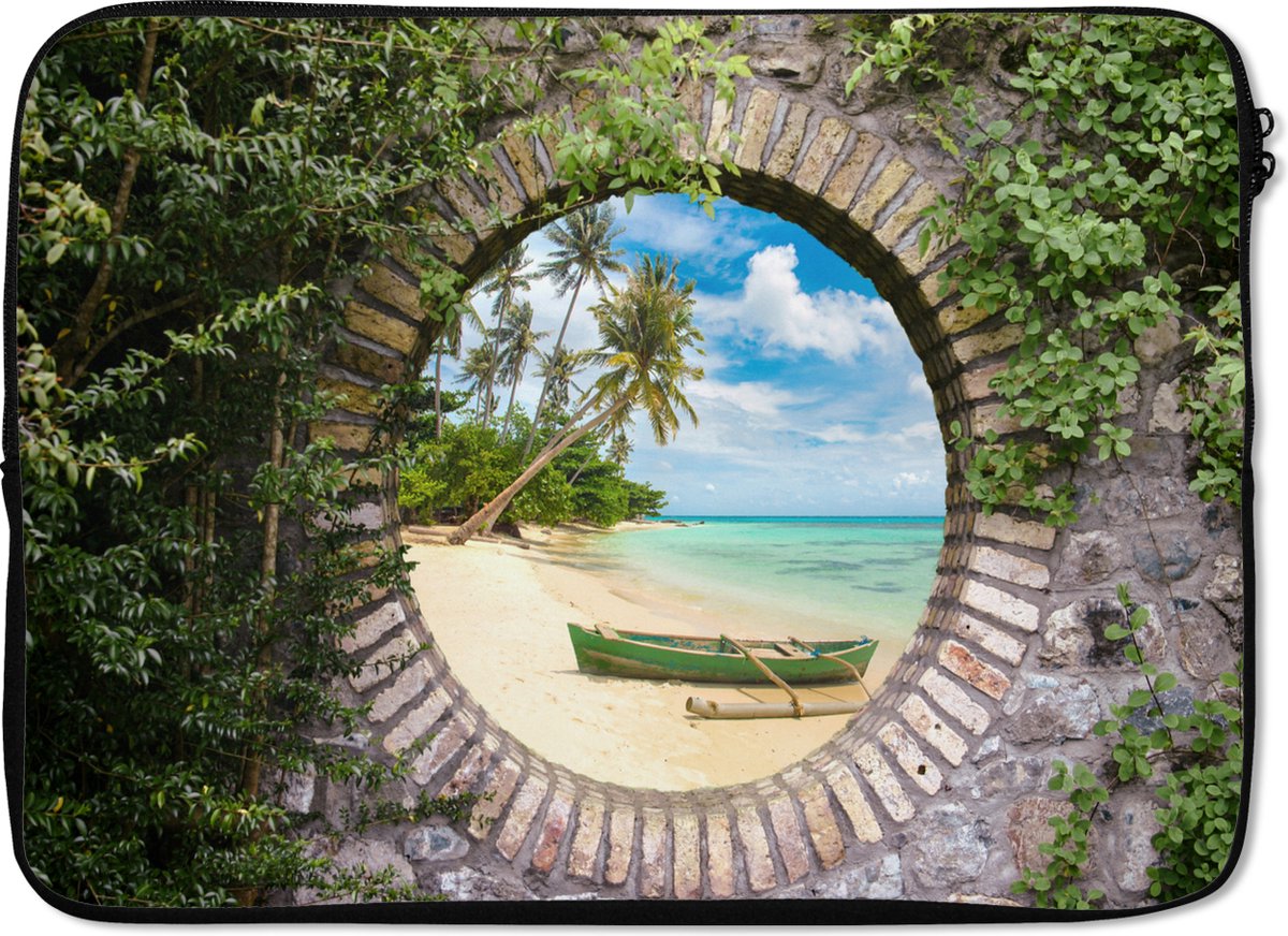 Laptophoes 14 inch - Strand - Palmboom - Doorkijk - Kano - Laptop sleeve - Binnenmaat 33x23 cm - Zwarte achterkant