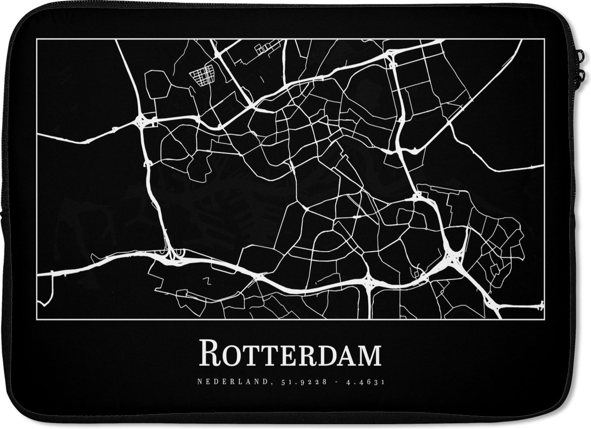 Laptophoes 14 inch - Rotterdam - Kaart - Stadskaart - Plattegrond - Laptop sleeve - Binnenmaat 33x23 cm - Zwarte achterkant - Stadskaart