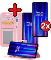 Hoesje Geschikt voor OnePlus Nord CE 2 Lite Hoesje Book Case Hoes Portemonnee Cover Walletcase Met 2x Screenprotector - Hoes Geschikt voor OnePlus Nord CE 2 Lite Hoes Bookcase Hoesje - Lichtroze