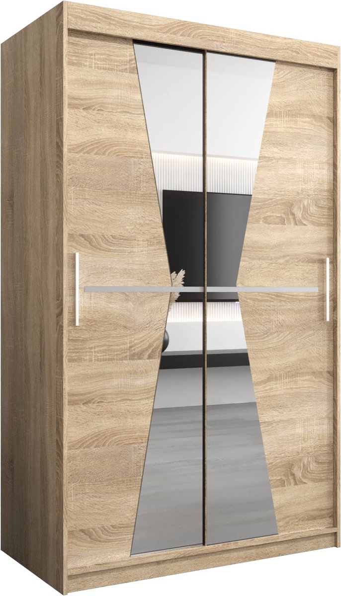 InspireME Kledingkast met 2 schuifdeuren, Modern-stijl, Een kledingkast met planken en een spiegel (BxHxD): 120x200x62 - TOTO 120 Sonoma Eik met 2 lades