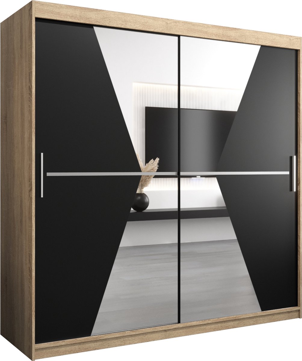 InspireME Kledingkast met 2 schuifdeuren, Modern-stijl, Een kledingkast met planken en een spiegel (BxHxD): 200x200x62 - TOTO 200 Sonoma Eik + Zwart Mat met 4 lades