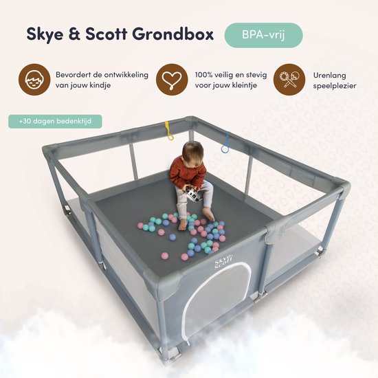 Skye & Scott Grondbox - Inclusief Speelmat - Speelbox met 50x Oceaan Ballen - Kruipbox voor Baby - Kinderbox - Playpen - Baby box - 180x150cm - Grijs