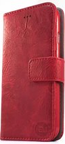 HEM hoes geschikt voor Suede look gevlamd rood boekhoesje iPhone 14 Pro met vakje voor pasjes geld en een fotovakje en polsbandje
