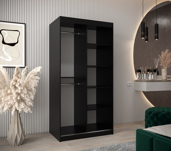 InspireMe - Armoire à 2 portes coulissantes, Style moderne, Une armoire avec des étagères et un miroir (LxHxP): 100x200x62 - MALTESE II 100 Zwart Mat