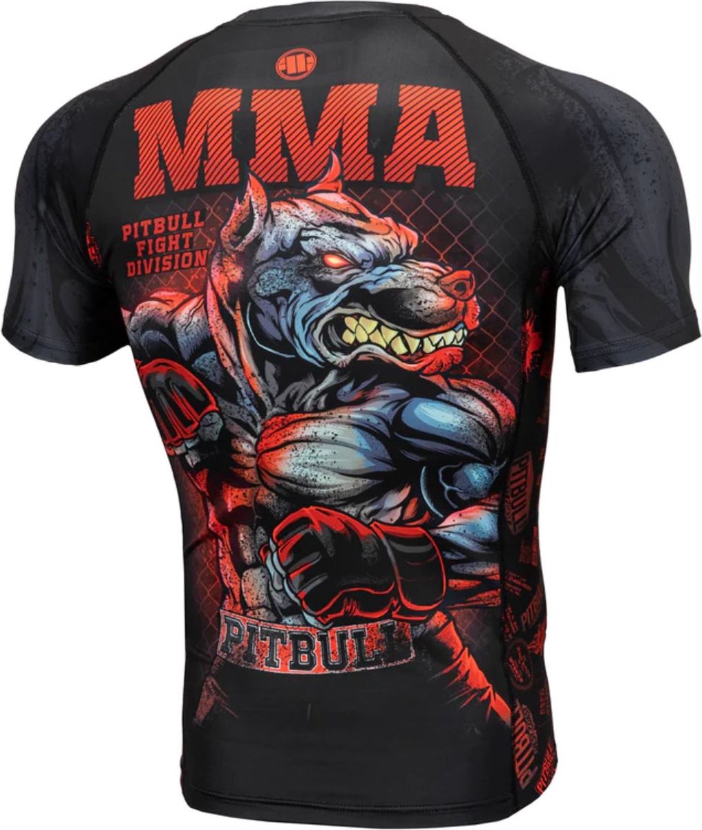 Pit Bull - Master of MMA - Rashguard Short Sleeve - Compressie shirt - Zwaart/ Rood - Maat XL
