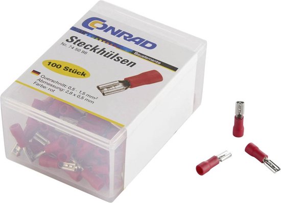 TRU COMPONENTS 745151 Platte stekker (female) Insteekbreedte: 6.4 mm Insteekdikte: 0.5 mm 180 ° Deels geïsoleerd Rood 1
