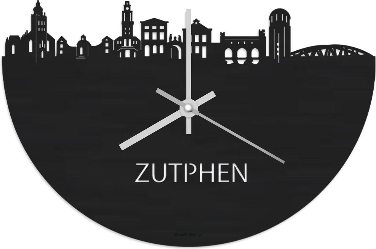 Skyline Klok Zutphen Zwart hout - Ø 40 cm - Stil uurwerk - Wanddecoratie - Meer steden beschikbaar - Woonkamer idee - Woondecoratie - City Art - Steden kunst - Cadeau voor hem - Cadeau voor haar - Jubileum - Trouwerij - Housewarming - WoodWideCities