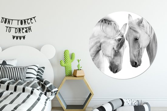 Behangcirkel - Dieren - Paarden - Zwart - Wit - ⌀ 120 cm - Zelfklevend behang - Behangcirkel dieren - Behangsticker - Behang cirkel - Woonkamer